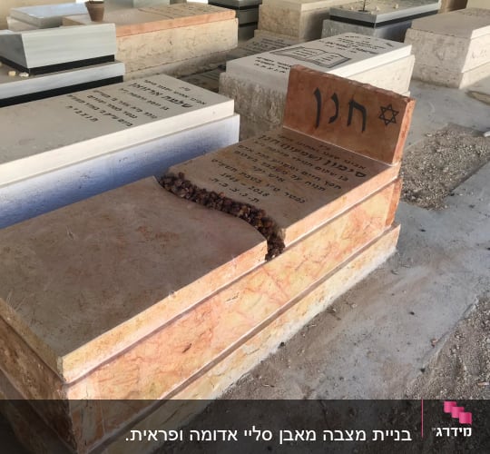 מצבות עם כיתוב בעברית ואבנים קטנות מונחות עליהן